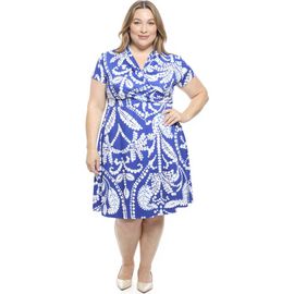 24seven Comfort Apparel 24seven Comfort Apparel Plus Size Paisley V-Neck Faux Wrap Knee Length A-Line Dress