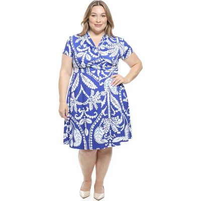 24seven Comfort Apparel 24seven Comfort Apparel Plus Size Paisley V-Neck Faux Wrap Knee Length A-Line Dress