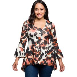 24seven Comfort Apparel 24seven Comfort Apparel Plus Size Scoop Neck Bell Sleeve Tunic Top Animal Print