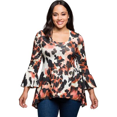 24seven Comfort Apparel 24seven Comfort Apparel Plus Size Scoop Neck Bell Sleeve Tunic Top Animal Print