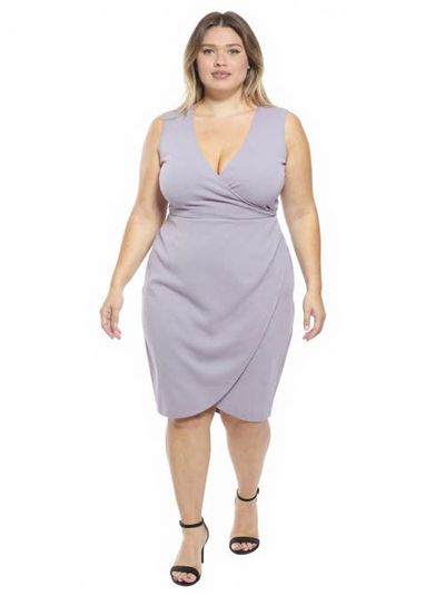 24seven Comfort Apparel 24seven Comfort Apparel Plus Size Solid V-Neck Sleeveless Faux Wrap Tulip Hem Midi Dress