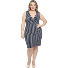 24seven Comfort Apparel 24seven Comfort Apparel Plus Size Striped V-Neck Sleeveless Faux Wrap Tulip Hem Midi Dress