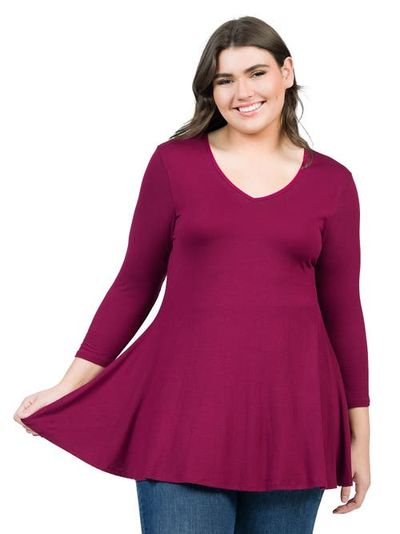 24seven Comfort Apparel 24seven Comfort Apparel Plus Size Three Quarter Sleeve V Neck Tunic Top