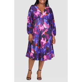 24seven Comfort Apparel 24seven Comfort Apparel Print Long Sleeve Pleat Fit & Flare Dress