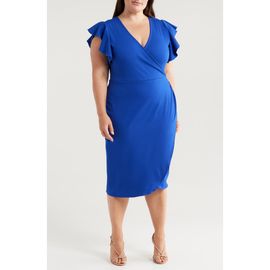 24seven Comfort Apparel 24seven Comfort Apparel Ruffle Sleeve Stretch Faux Wrap Dress