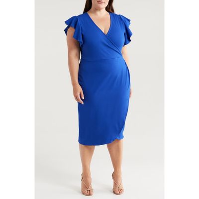 24seven Comfort Apparel 24seven Comfort Apparel Ruffle Sleeve Stretch Faux Wrap Dress