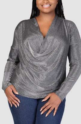 24seven Comfort Apparel 24seven Comfort Apparel Shimmer Knit Cowl Neck Top
