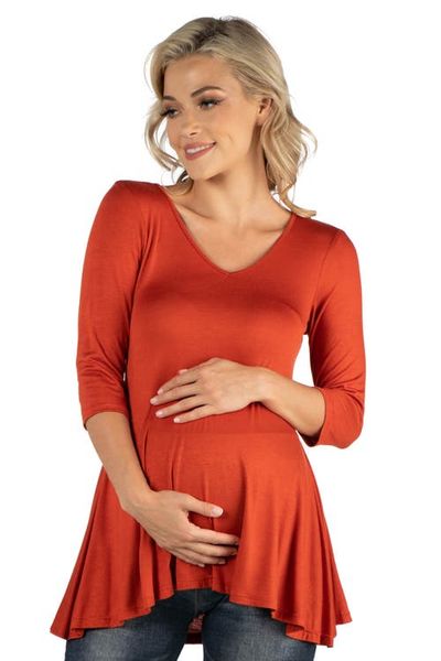 24seven Comfort Apparel 24seven Comfort Apparel Three Quarter Sleeve V-neck Maternity Tunic Top