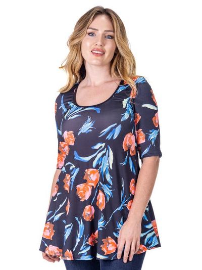 24seven Comfort Apparel 24seven Comfort Apparel Tulip Print Elbow Sleeve Casual Tunic Top