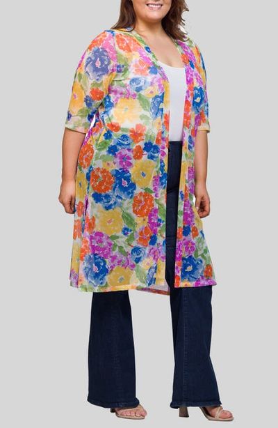 24seven Comfort Apparel 24seven Comfort Apparel Watercolor Floral Print Sheer Open Front Long Jacket