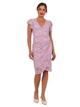 24seven Comfort Apparel 24seven Comfort Apparel Womens Elevate Lace V-Neck Flutter Sleeve Faux Wrap Midi Dress