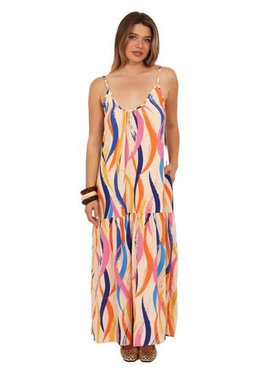 24seven Comfort Apparel 24seven Comfort Apparel Womens Essential Abstract Print Scoop Neck Spaghetti Strap Pocket A-Line Maxi Dress
