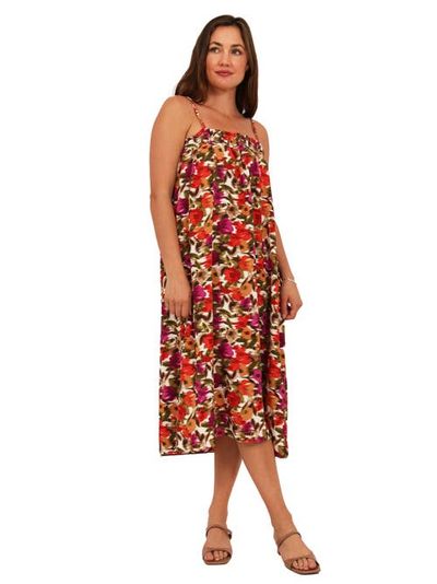 24seven Comfort Apparel 24seven Comfort Apparel Womens Essential Abstract Print Spaghetti Strap Smocked Pocket A-Line Maxi Dress