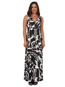 24seven Comfort Apparel 24seven Comfort Apparel Womens Essential Abstract Print V-Neck Sleeveless Tie Back Empire Waist Maxi Dress