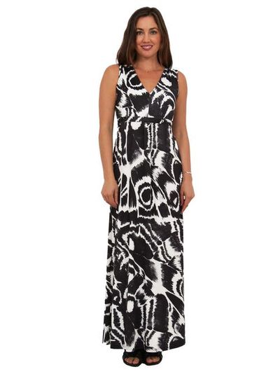 24seven Comfort Apparel 24seven Comfort Apparel Womens Essential Abstract Print V-Neck Sleeveless Tie Back Empire Waist Maxi Dress