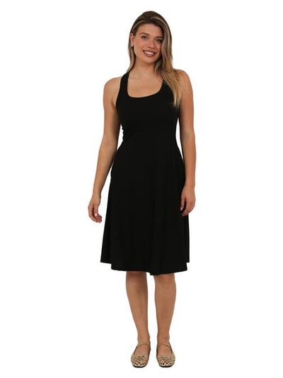 24seven Comfort Apparel 24seven Comfort Apparel Womens Essential Ribbed Knit Sleeveless Scoop Neck Pocket A-Line Midi Dress