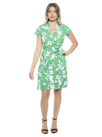 24seven Comfort Apparel 24seven Comfort Apparel Womens Floral Collar Knee Length Side Tie Wrap Dress