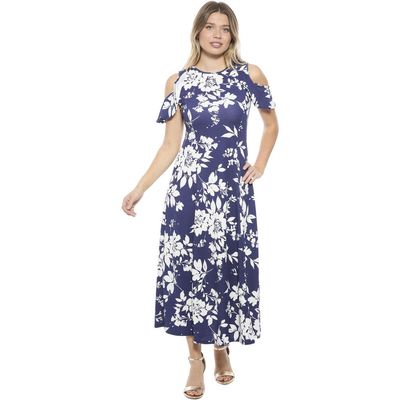 24seven Comfort Apparel 24seven Comfort Apparel Womens Floral Ruffle Sleeve Cold Shoulder A-Line Maxi Dress
