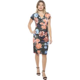 24seven Comfort Apparel 24seven Comfort Apparel Womens Floral V-Neck Short Sleeve Knee Length Faux Wrap Dress