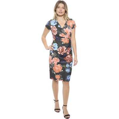24seven Comfort Apparel 24seven Comfort Apparel Womens Floral V-Neck Short Sleeve Knee Length Faux Wrap Dress