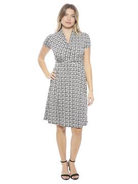 24seven Comfort Apparel 24seven Comfort Apparel Womens Geometric V-Neck Short Sleeve Faux Wrap Knee Length A-Line Dress