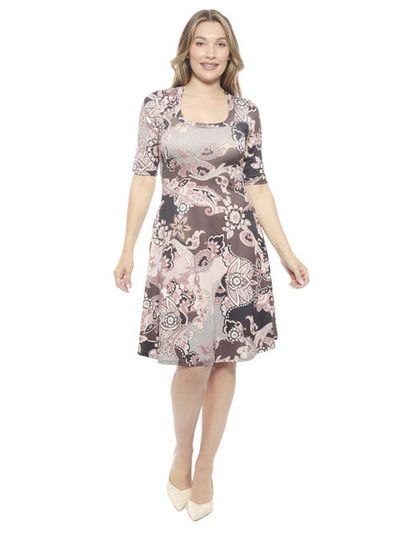 24seven Comfort Apparel 24seven Comfort Apparel Womens Paisley Scoop Neck Elbow Sleeve Knee Length A-Line Flared Dress