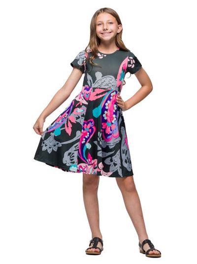 24sevenKid 24sevenKid Black and Pink Paisley Fit and Flare Knee Length Dress