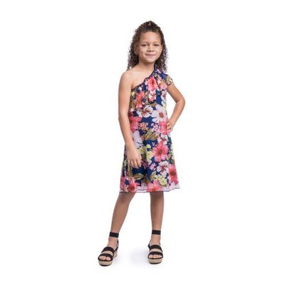 24sevenKid 24sevenKid Blue Floral One Shoulder Ruffle Knee Length Dress