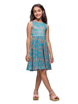 24sevenKid 24sevenKid Sky Blue and Orange Print Fit and Flare Dress