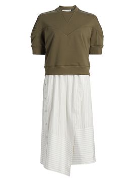 3.1 Phillip Lim Women's French Terry & Striped Poplin Mixed-Media Midi-Dress