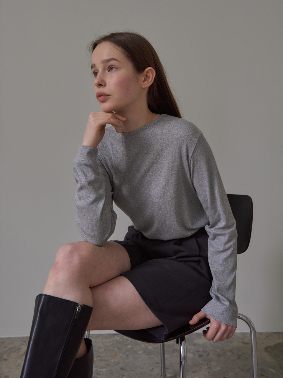 38comeoncommon Round Rib Long Sleeve Top_Melange Gray