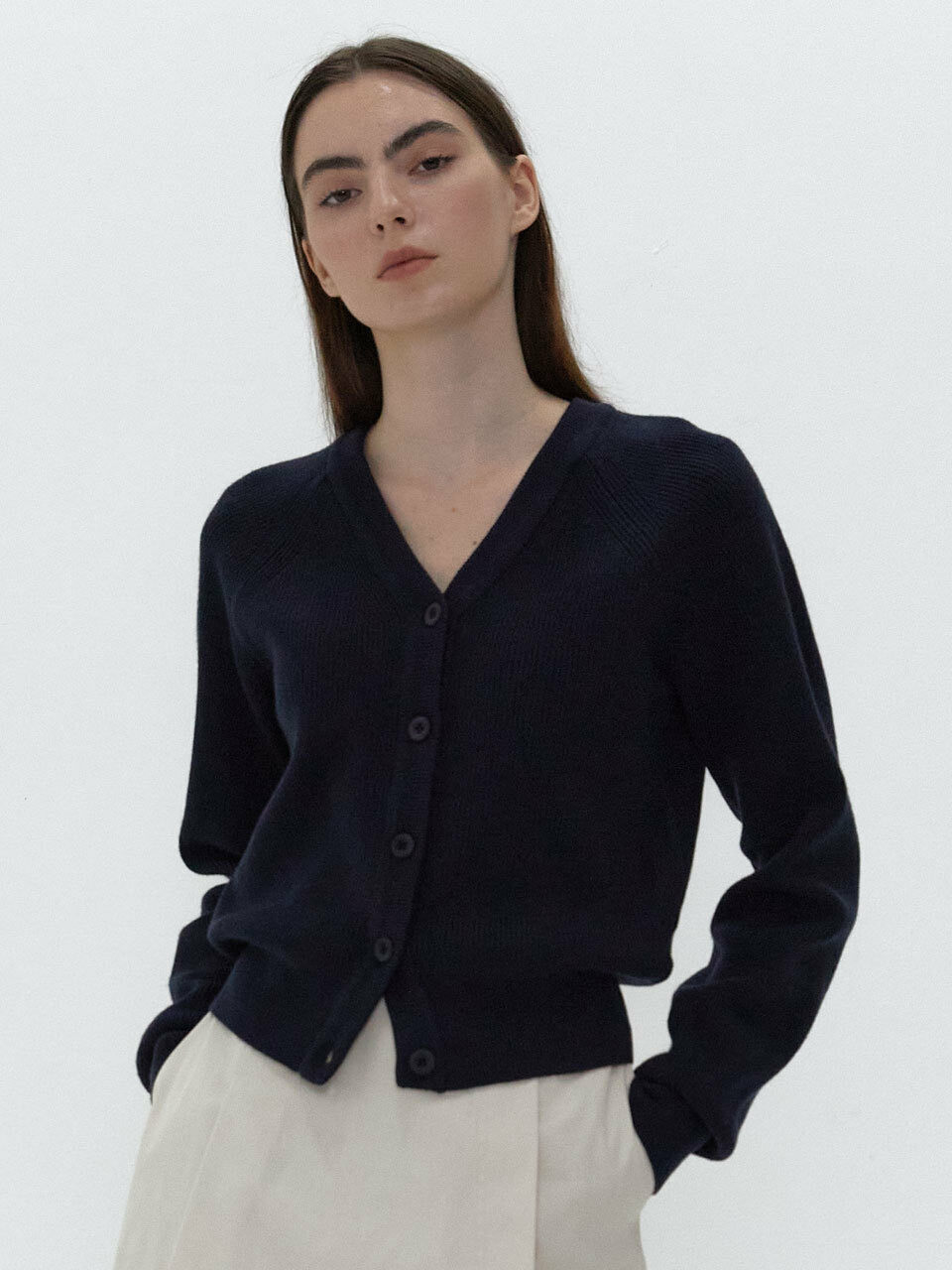 38comeoncommon V-Neck Line Ribbed Cardigan (Navy)