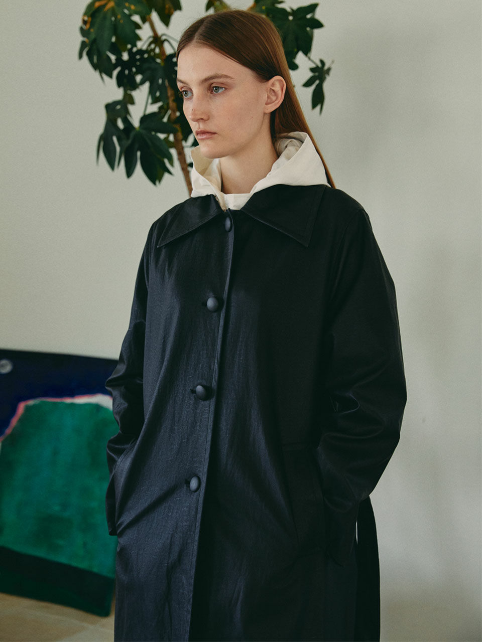38comeoncommon Wide Collar Coated Long Coat (Black)