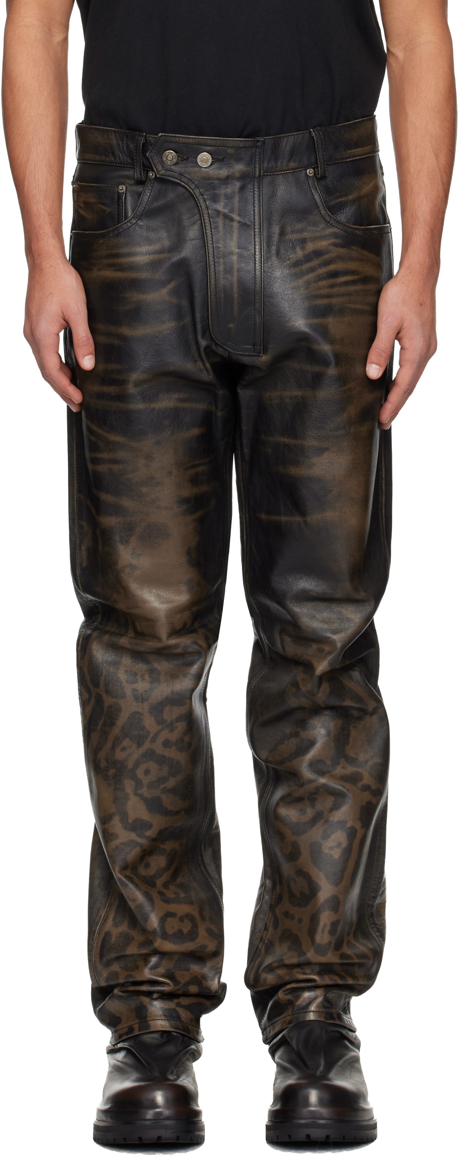 424 - Black & Brown Fivepocket Rub Off Leather Pants