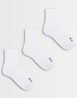 4505 4505 3 pack non-slip grip lettuce edge Pilates crew socks in white