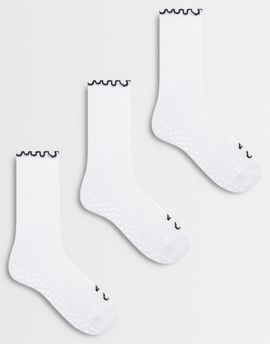 4505 4505 3 pack non slip grip lettuce edge Pilates crew socks in white with black detailing