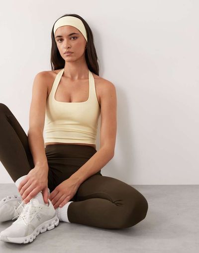 4505 4505 active halter neck performance tank top with inner bra in butter yellow