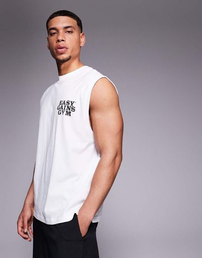 4505 4505 cotton oversized pump training tank top with chest graphic and quick dry finish in white