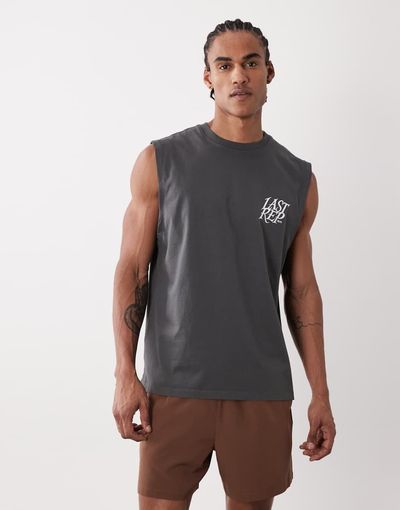 4505 4505 cotton oversized pump training tank with chest print and quick dry finish in washed gray