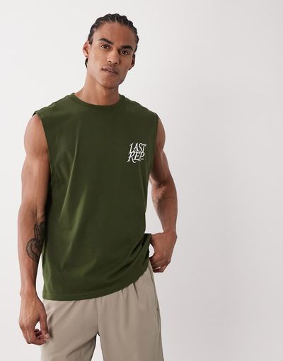 4505 4505 cotton oversized pump training tank with chest print and quick dry finish in washed khaki-Green