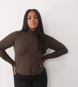 4505 4505 Curve Icon soft touch zip up studio long sleeve top in chocolate-Brown