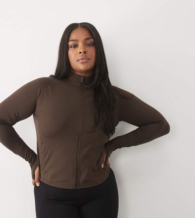 4505 4505 Curve Icon soft touch zip up studio long sleeve top in chocolate-Brown