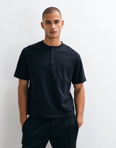 4505 4505 heavyweight cotton boxy fit henley T-shirt with quick dry finish in black