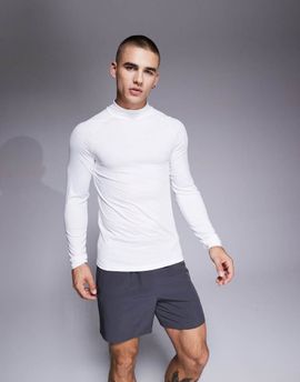 4505 4505 Icon active quick dry muscle fit base layer training long sleeve mock neck top in white