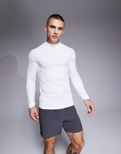 4505 4505 Icon active quick dry muscle fit base layer training long sleeve mock neck top in white