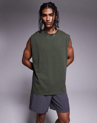 4505 4505 Icon cotton oversized pump training tank with quick dry finish in khaki-Green