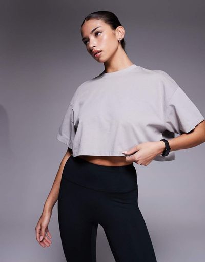 4505 4505 Icon heavyweight cotton blend cropped t-shirt with quick dry finish in washed ash-Neutral