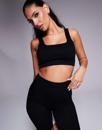 4505 4505 Icon mid impact seamless rib knit sports bra with square neck in black