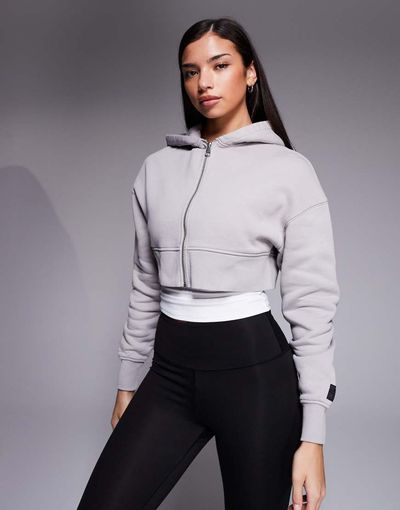 4505 4505 Icon Rest Day heavyweight 440gsm cotton zip up boxy cropped hoodie in washed ash-Neutral