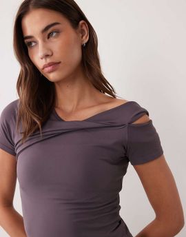 4505 4505 plush handle asymmetric drape detail cap sleeve studio top in storm gray